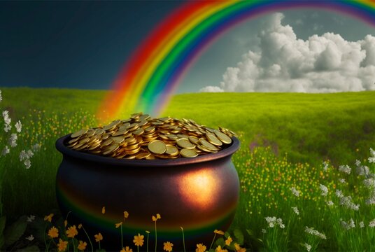 pot of gold at the end of a rainbow, generated image