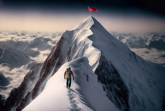 Reaching your goals concept, mountain climber folowing path to flag on top of mountain, GEnerative AI illustration