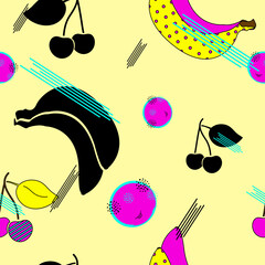 Cherries and banana seamless pattern in pop art style. Abstract colorful fruit print. Packaging template, graphic design, textiles, bedding and wallpaper.