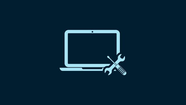 White Laptop with screwdriver and wrench icon isolated on blue background. Adjusting, service, setting, maintenance, repair, fixing. 4K Video motion graphic animation