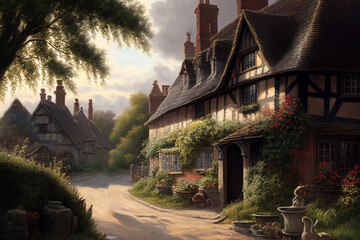 Oil painting of an old fashioned quintessential English country village in a rural landscape setting with an Elizabethan Tudor thatched cottage, computer Generative AI stock illustration image - obrazy, fototapety, plakaty
