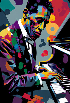 Afro-American male jazz musician pianist playing a piano in an abstract cubist style painting for a poster or flyer, computer Generative AI stock illustration