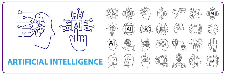 artificial intelligence icon set in line style, machine learning, smart robotic and cloud computing network digital AI technology: internet, solving, algorithm, vector illustration