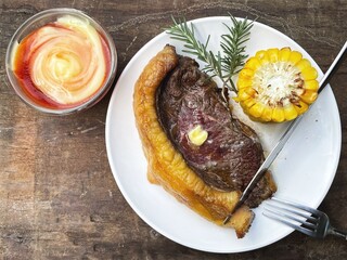 Tomato sauce with mayonnaise and beef steak