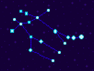 Obraz na płótnie Canvas Gemini constellation in pixel art style. 8-bit stars in the night sky in retro video game style. Cluster of stars and galaxies. Design for applications, banners and posters. Vector illustration