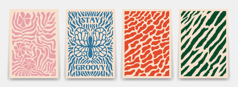 Collection of bright groovy posters 70s. Retro aesthetics poster, flowers and plants, butterfly, leopard and zebra hand-drawn backgrounds. Vintage prints isolated