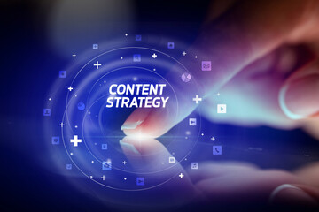 Finger touching tablet with social media icons concept