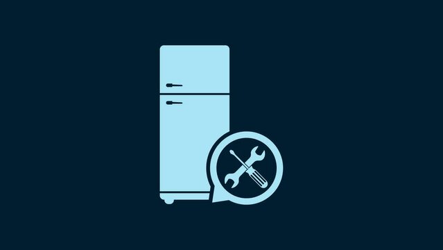 White Refrigerator with screwdriver and wrench icon isolated on blue background. Adjusting, service, setting, maintenance, repair, fixing. 4K Video motion graphic animation