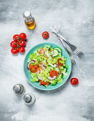 Vegetable salad. Salad of cucumbers, tomatoes and red onions with spices and olive oil.