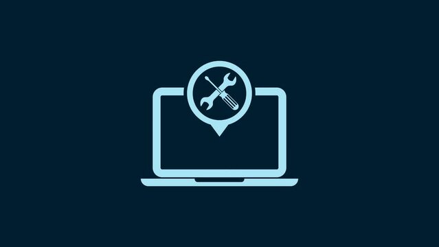 White Laptop with screwdriver and wrench icon isolated on blue background. Adjusting, service, setting, maintenance, repair, fixing. 4K Video motion graphic animation