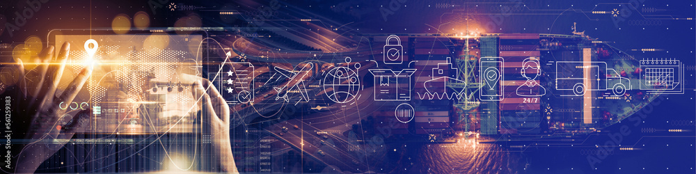 Poster hand using Digital tablet computer of Transportation and logistic network distribution growth. Container cargo ship trucks of industrial cargo freight for shipping. Business logistic import export.