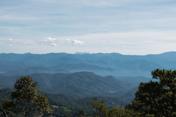 Beautiful blue mountain landscape view from Northern Thailand with copy space