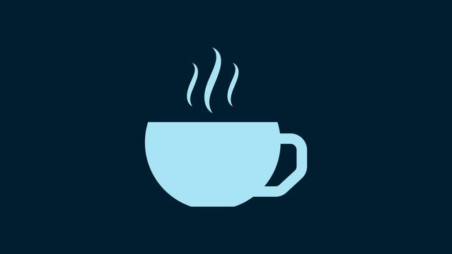 White Coffee cup icon isolated on blue background. Tea cup. Hot drink coffee. 4K Video motion graphic animation