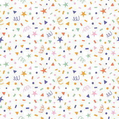 Vector seamless pattern with stars, confetti, sprinkles, garlands. Kids Birthday party background. Festive background. For textiles, clothing, bed linen, office supplies.