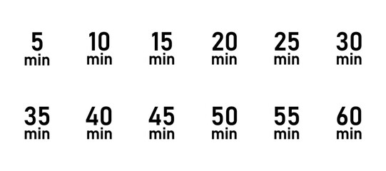  10, 15, 20, 25, 30, 35, 40, 45, 50 min,Timer, clock, stopwatch isolated set icons. Great design for any purposes. Vector logo