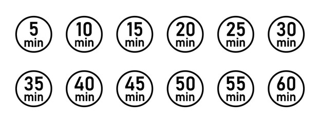  10, 15, 20, 25, 30, 35, 40, 45, 50 min,Timer, clock, stopwatch isolated set icons. Great design for any purposes. Vector logo