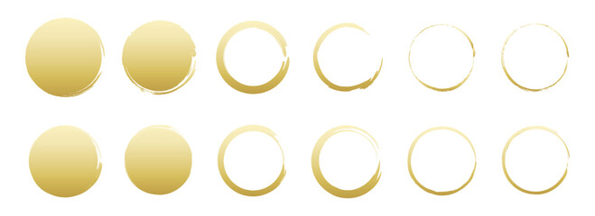 Set of hand drawn gold circle, sketch lines. Gold round frame collection.