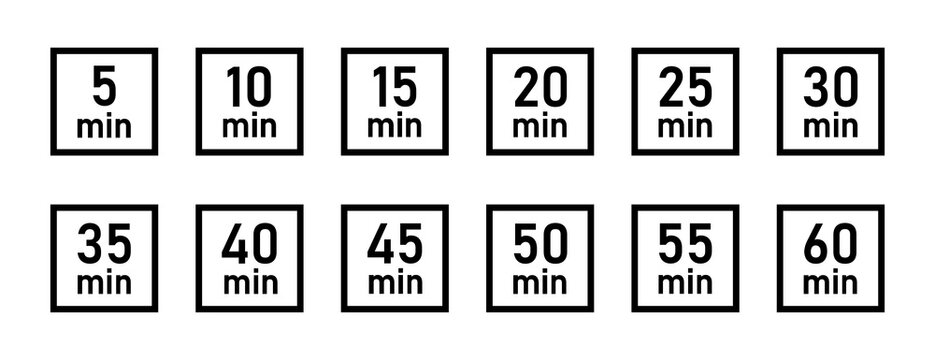  10, 15, 20, 25, 30, 35, 40, 45, 50 min,Timer, clock, stopwatch isolated set icons. Great design for any purposes. Vector logo