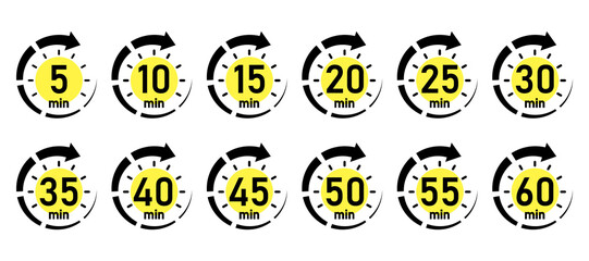 10, 15, 20, 25, 30, 35, 40, 45, 50 min,Timer, clock, stopwatch isolated set icons. Great design for any purposes. Vector logo 
