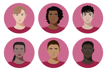 Set of vector teenagers or students diverse badges in realistic flat style on light viva magenta background. Collection of youth characters with different skin colors in viva magenta t-shirts. 