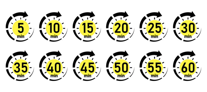 10, 15, 20, 25, 30, 35, 40, 45, 50 min,Timer, clock, stopwatch isolated set icons. Great design for any purposes. Vector logo 
