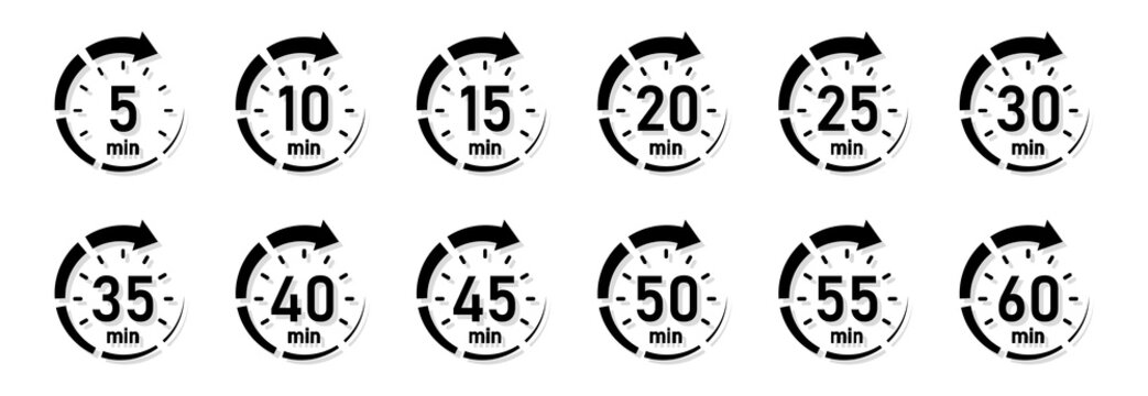 10, 15, 20, 25, 30, 35, 40, 45, 50 min,Timer, clock, stopwatch isolated set icons. Great design for any purposes. Vector logo 