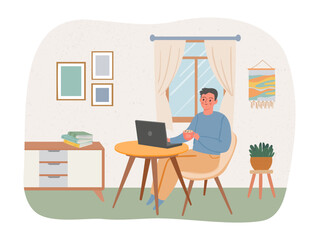 Man working online with laptop. Cheerful employee having distant job. Male character sitting at home and working remotely