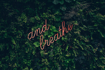 And Breathe sign in pink neon surrounded by lush foliage