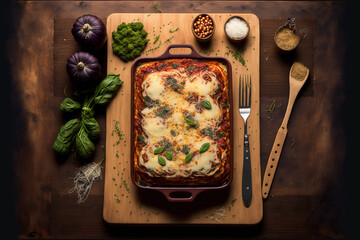 Flat lay of scrumptious eggplant lasagna on a wooden table. Generative AI - obrazy, fototapety, plakaty