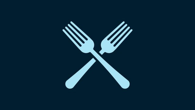 White Crossed fork icon isolated on blue background. Cutlery symbol. 4K Video motion graphic animation