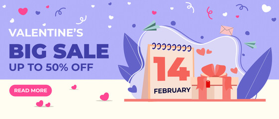 Valentine's sale cover banner template with 14 Feb calendar and decoration gifts.