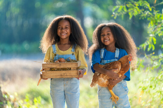 Two young black girls carrying chickens and holding eggs, rural happy lifestyle concept
