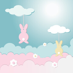 Easter funny card with paper rabbits and collared clouds