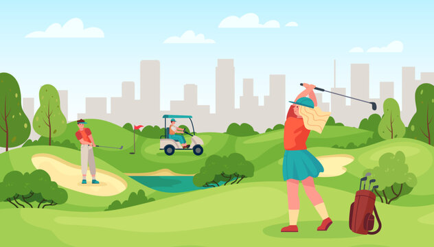 People playing golf. Young female and male friends with professional equipment doing sport. Active outdoor hobby