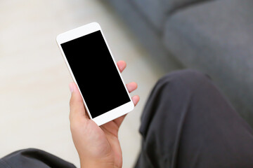 Hand holding blank screen phone or smartphone or tablet for template