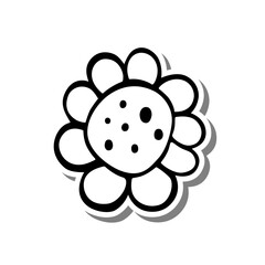 Black line doodle Flower on white silhouette and gray shadow. Hand drawn cartoon style. Vector illustration for decorate, coloring and any design.