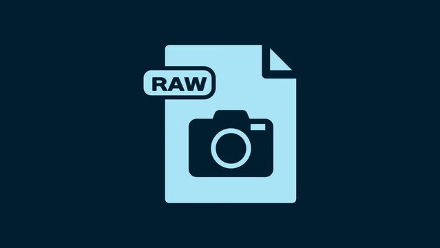White RAW file document. Download raw button icon isolated on blue background. RAW file symbol. 4K Video motion graphic animation