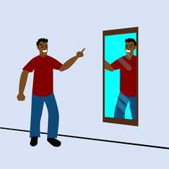 Man gets angry and pointing to his own reflection