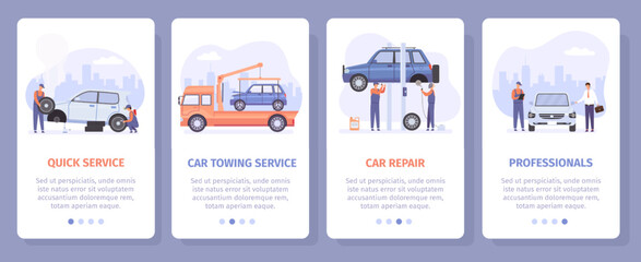 Screen poster for automobile mechanic mobile app vector set