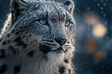 Fototapeta na wymiar Snow leopard, sitting in snow, pensive