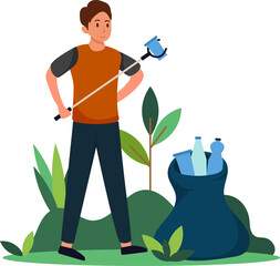 volunteer man cleaning up the pack, garbage Collector illustration