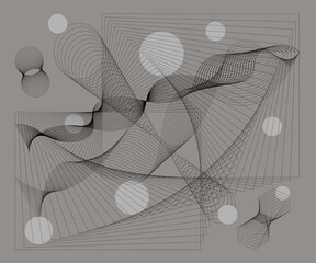 Abstract contemporary doodle composition. Line art set. Wavy lines, spirals, circles, funnel, cubes, polygons, lines.