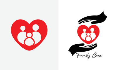 Family care Logo ,Two hands protecting or giving aid to family ,Family in red heart icon