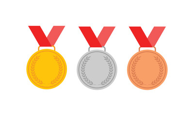 Gold, silver and bronze Victory Award Medals with red ribbon for sports apps and websites