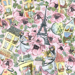 Eiffel Tower with European, French houses, a girl in pink anemones. Watercolor illustration. Seamless pattern from the PARIS collection. For decoration of fabrics, textiles, wallpaper, packaging paper