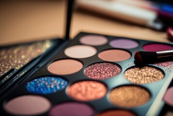close-up of cosmetic palette with glitter glow eyeshadow color	
