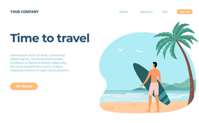 Travel concept. Male character standing on beach and holding surfboard. Man on vacation practicing extreme sport vector