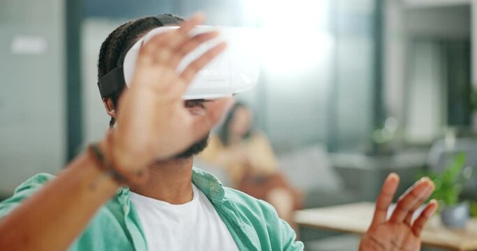 Virtual reality, vr metaverse and black man work on cyber dashboard, augmented reality or ai software. Digital transformation, future headset and creative graphic designer with futuristic simulation
