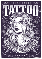Attractive tattoo woman poster monochrome