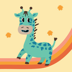 Blue cartoon giraffe. Grovy child vector illustration